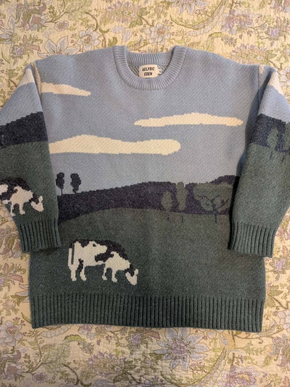 Aelfric Eden Unisex Sky Blue & Forest Green Cowscape Crewneck Sweater